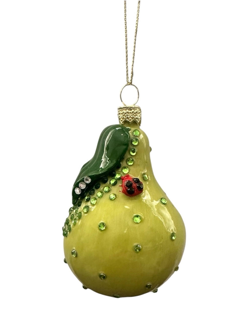 Green Pear Glass Ornament with Ladybug - and lots of Bling!
